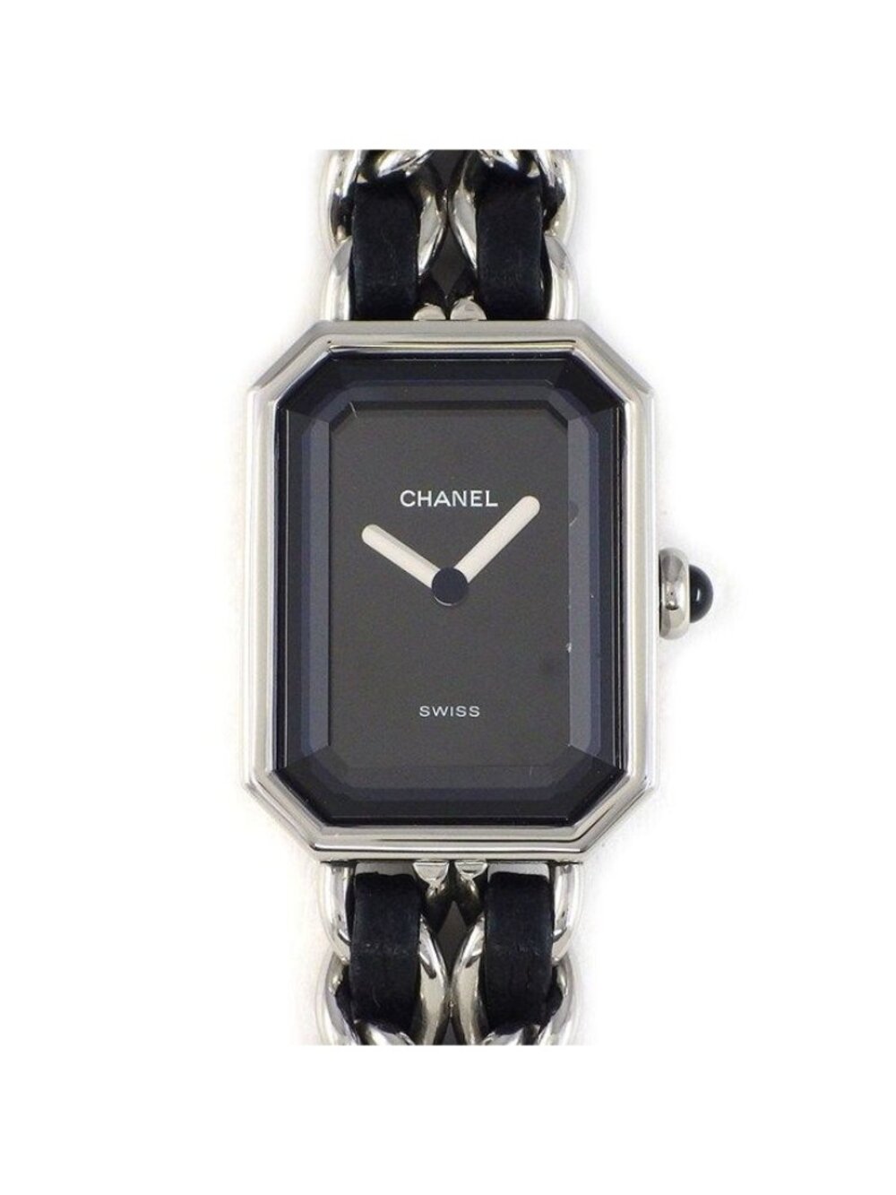 Chanel Watch Premiere S Octagonal Black Dial Chain Bracelet Leather Strap SS